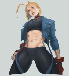 Rule 34 | 1girl, abs, antenna hair, arm at side, black choker, black pants, black sports bra, blonde hair, blue eyes, blue jacket, bob cut, breasts, cammy white, choker, commentary, cropped jacket, english commentary, facial scar, fingernails, from below, groin, hand on own hip, jacket, kingazastyles, leather, leather jacket, lips, looking at viewer, medium breasts, midriff, navel, nose, pants, scar, scar on cheek, scar on face, short hair, solo, sports bra, street fighter, street fighter 6, suspenders hanging, thick thighs, thighs, vambraces, yoga pants