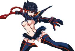 Rule 34 | 1girl, absurdres, blue eyes, colored inner hair, highres, holding, holding weapon, kill la kill, matoi ryuuko, multicolored hair, navel, oggy (oggyoggy), open mouth, revealing clothes, solo, suspenders, transparent background, weapon