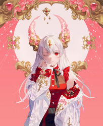 Rule 34 | 1girl, black ribbon, bow, buttons, commentary, fajyobore, floral background, floral print, gem, highres, horns, jacket, jewelry, long hair, long sleeves, one eye closed, original, patterned background, pink background, pocket, pointy ears, red bow, red eyes, red shirt, ribbon, shirt, sleeveless, sleeveless shirt, solo, star-shaped pupils, star (symbol), symbol-shaped pupils, white hair, white jacket