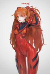 Rule 34 | 1girl, absurdres, artist name, blue eyes, bodysuit, breasts, brown hair, curvy, hair between eyes, hair ornament, highres, lips, long hair, looking at viewer, neon genesis evangelion, pilot suit, plugsuit, red bodysuit, seok, shiny clothes, shiny skin, skin tight, solo, souryuu asuka langley, standing, twintails, two side up, very long hair, wide hips
