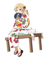 Rule 34 | 10s, 1girl, blonde hair, bow, closed eyes, drill hair, flower, hair bow, hand fan, japanese clothes, jewelry, kyubey, long hair, looking at viewer, mahou shoujo madoka magica, mahou shoujo madoka magica (anime), paper fan, ring, sitting, smile, solo, tomoe mami, torinone, twin drills, twintails, uchiwa, yellow eyes