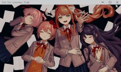Rule 34 | 4girls, blazer, blue skirt, brown hair, buttons, closed eyes, closed mouth, collared shirt, cursor, doki doki literature club, eyebrows hidden by hair, grey blazer, hair ornament, hair ribbon, hairclip, highres, jacket, long hair, long sleeves, lying, monika (doki doki literature club), multiple girls, natsuki (doki doki literature club), open clothes, open jacket, orange vest, outstretched arm, own hands together, papers, pink hair, pleated skirt, ponytail, purple hair, red ribbon, renshu usodayo, ribbon, sayori (doki doki literature club), school uniform, shirt, skirt, sweater vest, twintails, vest, white ribbon, white shirt, yuri (doki doki literature club)