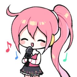 Rule 34 | 1girl, :d, ^ ^, black skirt, blush stickers, chibi, closed eyes, eighth note, hair between eyes, holding, holding microphone, lowres, mechuragi, microphone, musical note, open mouth, pink hair, pink shirt, quarter note, shirt, side ponytail, simple background, skirt, sleeveless, sleeveless shirt, smile, solo, standing, transparent background, uni (vocaloid), vocaloid, white background, wrist cuffs