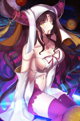 Rule 34 | 10s, 1girl, absurdres, bare shoulders, breasts, brown hair, cleavage, detached sleeves, facial mark, fate/extra, fate/extra ccc, fate (series), forehead mark, hair in own mouth, highres, horn ornament, horn ring, horns, large breasts, long hair, looking at viewer, looking to the side, multicolored hair, navel, paperfinger, parted lips, planet, sessyoin kiara, sideboob, sitting, solo, tattoo, thighhighs, two-tone hair, veil, yellow eyes, zettai ryouiki