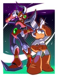 Rule 34 | 2boys, android, arm up, armor, black bodysuit, bodysuit, boomer kuwanger (mega man), boots, border, closed mouth, commentary request, cut man, full body, glint, gloves, green background, green eyes, hand on own hip, horns, in-franchise crossover, looking at viewer, male focus, mega man (classic), mega man (series), mega man 1, mega man x1, mega man x (series), multiple boys, napo, polka dot, polka dot background, power connection, purple eyes, red footwear, red gloves, standing, trait connection, white bodysuit, white border, white gloves