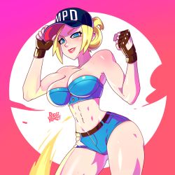 Rule 34 | abs, armpits, artist name, bare shoulders, blonde hair, blue eyes, blush, body blush, breasts, capcom, cleavage, curvy, denim, denim shorts, final fight, final fight 3, fingerless gloves, freckles, gloves, hat, hip bones, large breasts, lucia morgan, police, police uniform, policewoman, riggiyepez, shiny skin, shorts, smile, strapless, street fighter, street fighter v, thick thighs, thighs, toned, tube top, uniform