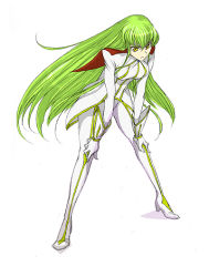 Rule 34 | 00s, 1girl, :&lt;, bodysuit, c.c., cape, code geass, female focus, frown, full body, gloves, green hair, high heels, leaning forward, long hair, pilot suit, shoes, simple background, solo, striped, uniform, very long hair, yellow eyes
