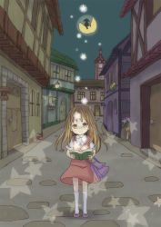 Rule 34 | 1girl, bad id, bad pixiv id, bag, book, building, child, flower, house, moon, night, ninkon, open book, reading, road, scenery, smile, solo, star (symbol), street, town, usami miki, vanishing point