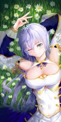 Rule 34 | 1girl, ;), armpits, arms up, azur lane, bare shoulders, blush, braid, breasts, cleavage, closed mouth, covered navel, detached sleeves, dress, e^(in)+1=0, eyebrows hidden by hair, fingernails, flower, french braid, grass, hair between eyes, highres, holding, holding flower, large breasts, long fingernails, long hair, looking at viewer, lying, on back, one eye closed, phone wallpaper, pleated dress, purple eyes, rodney (azur lane), sidelocks, silver hair, sleeveless, sleeveless dress, smile, solo, taut clothes, taut dress, tree shade, upper body, very long hair, wallpaper, white dress, white sleeves
