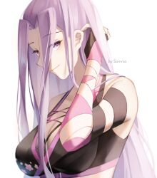 Rule 34 | 1girl, black tank top, breasts, fate/grand order, fate (series), forehead, large breasts, medusa (an army marches on its stomach) (fate), medusa (fate), medusa (rider) (fate), official alternate costume, portrait, purple eyes, purple hair, smile, solo, somnia, tank top, white background