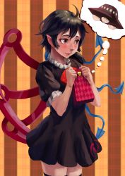 Rule 34 | 1girl, ahoge, argyle, asymmetrical wings, black dress, black hair, black thighhighs, blush, cowboy shot, dress, embarrassed, eyebrows, eyelashes, faux traditional media, gift bag, heart, highres, houjuu nue, light frown, looking to the side, pointy ears, puffy short sleeves, puffy sleeves, red eyes, short dress, short hair, short sleeves, solo, striped, striped background, thighhighs, thought bubble, touhou, ufo, valentine, wings, yasaidon, zettai ryouiki
