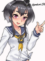 Rule 34 | 1girl, anchor ornament, black hair, blue sailor collar, dress, gradient hair, hat, highres, kantai collection, looking at viewer, maakun (makun dx), mini hat, multicolored hair, neckerchief, one-hour drawing challenge, pointing, red eyes, sailor collar, sailor dress, shirt, short hair, short hair with long locks, sidelocks, simple background, smokestack hair ornament, solo, tied shirt, tokitsukaze (kancolle), twitter username, upper body, white background, yellow neckerchief