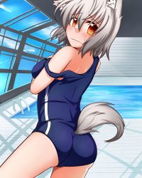 Rule 34 | 1girl, animal ears, chickenman, embarrassed, female focus, indoors, inubashiri momiji, one-piece swimsuit, pool, pool ladder, poolside, red eyes, rei no pool, school swimsuit, shadow, short hair, silver hair, strap slip, sweatdrop, swimsuit, tail, touhou, wavy mouth, window, wolf ears, wolf tail