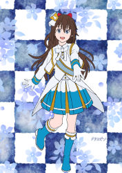 Rule 34 | 1girl, aqua eyes, aqua sash, artist name, artist request, bare legs, blue eyes, blue footwear, blue skirt, blush, boots, bow, bowtie, breasts, brown hair, buttons, checkered background, coattails, collared dress, cropped vest, dress, female focus, floating hair, full body, gloves, gradient skirt, hair between eyes, hair bow, hat, high ponytail, layered skirt, long hair, long sleeves, looking at viewer, love live!, love live! nijigasaki high school idol club, love live! school idol festival, mini hat, mini top hat, miniskirt, nijiiro passion!, nijiiro passions! (love live!), osaka shizuku, parted lips, plaid, plaid dress, plaid skirt, pleated, pleated dress, pleated skirt, ponytail, rainbow-colored passions!, reaching, reaching towards viewer, red bow, shako cap, skirt, skirt under dress, small breasts, smile, solo, standing, top hat, vest, wavy hair, white bow, white dress, white gloves, white vest, wing collar