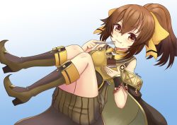 Rule 34 | 1girl, armor, artist name, blue background, blush, boots, bow, bracelet, breastplate, breasts, brown eyes, brown footwear, brown hair, cake, cape, crumbs, delthea (fire emblem), dress, eating, fang, fire emblem, fire emblem echoes: shadows of valentia, food, fork, gradient background, hair between eyes, hair bow, high heel boots, high heels, highres, jewelry, looking at viewer, medium breasts, medium hair, nintendo, plate, ponytail, short dress, signature, simple background, sleeveless, sleeveless dress, solo, thighs, will (willanator93), wrist cuffs