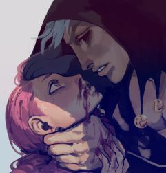 Rule 34 | 2boys, black sclera, blood, colored sclera, freckles, hachiwi, hat, highres, jojo no kimyou na bouken, multiple boys, pink hair, red eyes, risotto nero, size difference, vento aureo, vinegar doppio