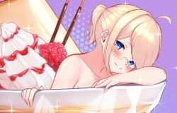 Rule 34 | 1girl, ahoge, blonde hair, blue eyes, blush, breasts, buket pudding i, closed mouth, collarbone, completely nude, food, fruit, glasses, highres, looking at viewer, mole, mole on breast, nude, original, partially submerged, pocky, ponytail, pudding, raspberry, semi-rimless eyewear, smile, solo, sparkle, whipped cream, white-framed eyewear