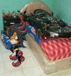 Rule 34 | 1boy, 9474s0ul, animal ears, bed, closed eyes, closed mouth, commentary, english commentary, full body, furry, furry male, gloves, highres, holding, holding pillow, indoors, lying, male focus, motor vehicle, motorcycle, on floor, on side, photo background, pillow, shadow the hedgehog, shoes, sleeping, smile, solo, sonic (series), tail, tile floor, tiles, white gloves