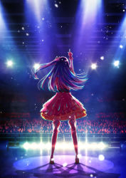 Rule 34 | 1girl, absurdres, audience, blue hair, boots, dress, frilled dress, frills, from behind, glowstick, high heels, highres, hoshino ai (oshi no ko), idol, key visual, layered skirt, long hair, official art, one side up, oshi no ko, pink dress, pointing, pointing up, promotional art, side ponytail, skirt, spotlight, stage, stage lights, thigh boots