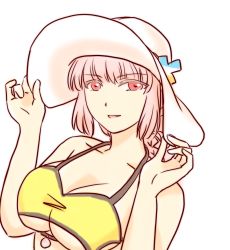 Rule 34 | 1girl, adjusting clothes, adjusting headwear, bikini, breasts, cleavage, fate/grand order, fate (series), florence nightingale (chaldea lifesavers) (fate), florence nightingale (fate), hat, large breasts, navel, open mouth, pink hair, purecoma, red eyes, solo, swimsuit, underboob, white background, yellow bikini