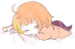 Rule 34 | 1girl, age difference, aged down, alternate costume, alternate hairstyle, blanket, blunt bangs, chibi, child, closed eyes, commentary, cowlick, dragon girl, dragon horns, dragon tail, eyebrows, full body, highres, hololive, horns, isuka, kiryu coco, lying, on stomach, orange hair, pointy ears, sidelocks, sleeping, solo, tail, virtual youtuber