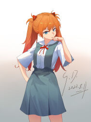 Rule 34 | 1girl, 2023, alternate hairstyle, artist request, bare legs, blue eyes, blue skirt, breasts, brown hair, dated, hair ornament, hand on own hip, highres, interface headset, long hair, looking at viewer, medium breasts, neon genesis evangelion, school uniform, shirt, simple background, skirt, solo, souryuu asuka langley, suspender skirt, suspenders, tokyo-3 middle school uniform, twintails, two side up, very long hair, white shirt