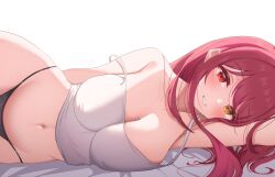 Rule 34 | 1girl, absurdres, arm behind back, arm up, black panties, blush, breasts, camisole, collarbone, commentary, covered erect nipples, grin, groin, hashira 14, heterochromia, highres, hololive, houshou marine, large breasts, long hair, looking at viewer, lying, navel, no pants, on side, panties, parted lips, red eyes, red hair, simple background, skindentation, smile, solo, strap slip, swept bangs, underwear, virtual youtuber, white background, white camisole, yellow eyes