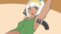 Rule 34 | 1girl, alternate skin color, animated, animated gif, armpit sex, armpits, asatsuki (cookie), bandeau, blush, bracelet, breasts, cookie (touhou), cum, cum on body, cum on upper body, dark-skinned female, dark skin, ejaculation, green eyes, hairband, jewelry, konpaku youmu, leaf, microphone, navel, oil, open mouth, sexually suggestive, short hair, simple background, small breasts, smile, solo, sorry carl, sweat, tan, teeth, tongue, touhou, vest, white background, white hair