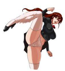 Rule 34 | 1990s (style), 1girl, 78 (tky8), agent aika, aika (series), ascot, black delmo, black footwear, delmo, dress, female focus, fighting, kicking, leg lift, naomi (agent aika), open mouth, panties, pantyshot, red ascot, red hair, retro artstyle, shoes, short dress, skin tight, solo, standing, standing on one leg, teeth, thighhighs, underwear, uniform, upper teeth only, v-shaped eyebrows, white panties, white thighhighs