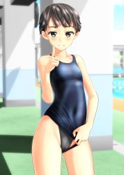Rule 34 | 1girl, absurdres, black eyes, black hair, black one-piece swimsuit, blue sky, blurry, breasts, cameltoe, cleft of venus, clothing aside, cloud, commentary request, competition swimsuit, contrapposto, covered navel, day, depth of field, highleg, highleg swimsuit, highres, index finger raised, layered swimsuit, looking at viewer, one-piece swimsuit, original, outdoors, pool, short hair, sky, small breasts, solo, string of flags, swimsuit, swimsuit aside, takafumi
