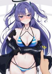 Rule 34 | 1boy, 1girl, alternate costume, bikini, black gloves, black jacket, blue archive, blush, breasts, cleavage, collarbone, gloves, groin, halo, highres, irohakaede, jacket, jacket partially removed, long hair, looking at viewer, medium breasts, multi-strapped bikini, navel, nose blush, o-ring, o-ring bikini, pov, pov hands, purple eyes, purple hair, stomach, striped bikini, striped clothes, sweatdrop, swimsuit, thumbs up, two side up, very long hair, yuuka (blue archive)