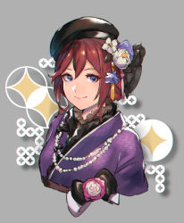 Rule 34 | 1girl, black hat, blue eyes, closed mouth, cropped torso, flower, grey background, hair flower, hair ornament, hairpin, hat, highres, japanese clothes, kaname buccaneer, kimono, looking at viewer, macross, macross delta, purple kimono, red hair, shimatani azu, short hair, simple background, smile, solo, upper body, white flower, yukata