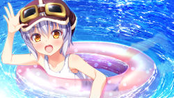 Rule 34 | 10s, 1girl, :d, arm up, blush, breasts, brown hat, fur trim, goggles, goggles on headwear, grey hair, hand on goggles, hat, highres, imachireki, innertube, island (game), looking at viewer, medium breasts, ocean, ohara rinne, one-piece swimsuit, open mouth, outdoors, ripples, school swimsuit, short hair, sidelocks, smile, solo, swim ring, swimsuit, teeth, water, white one-piece swimsuit, yellow eyes