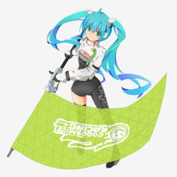 Rule 34 | 1girl, absurdres, ahoge, asymmetrical bodysuit, black bodysuit, black footwear, black gloves, black thighhighs, blue hair, bodysuit, boots, breasts, closed mouth, commentary request, flag, full body, gloves, green eyes, grey background, hatsune miku, headgear, highres, holding, holding flag, jacket, long hair, long sleeves, looking at viewer, mamagogo (gomaep), puffy long sleeves, puffy sleeves, racing miku, racing miku (2022), simple background, single thigh boot, small breasts, smile, solo, standing, thigh boots, thighhighs, twintails, very long hair, vocaloid, white jacket
