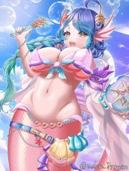 Rule 34 | 1girl, ahoge, ball, bare shoulders, belt, belt pouch, blue belt, blue hair, blue sky, braid, breasts, character request, cleavage, cloud, commentary request, cowboy shot, crystal ball, day, detached sleeves, drill hair, drill sidelocks, fins, groin, guardian tales, hand up, head fins, highres, holding, holding ball, holding wand, large breasts, long hair, looking at viewer, mermaid, monster girl, navel, open mouth, pouch, shell, shell bikini, shell hair ornament, sidelocks, single braid, single detached sleeve, sky, solo, stomach, teeth, twitter username, udon frozen, upper teeth only, wand, yellow eyes