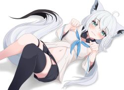 Rule 34 | 1girl, ahoge, animal ear fluff, animal ears, black shorts, black thighhighs, blue neckerchief, blush, braid, breasts, commentary request, detached sleeves, earrings, fox ears, fox girl, fox tail, green eyes, hair between eyes, highres, hololive, hood, hoodie, jewelry, knees up, long hair, looking at viewer, lying, navel, neckerchief, on back, paw pose, shirakami fubuki, shirakami fubuki (1st costume), short shorts, shorts, sidelocks, simple background, single braid, single thighhigh, small breasts, smile, solo, tail, thigh strap, thighhighs, tihirowo, virtual youtuber, white background, white hair, white hoodie