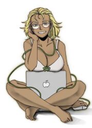 Rule 34 | 1girl, apple, black lagoon, blonde hair, bra, breasts, computer, computer mouse, convenient censoring, dark-skinned female, dark skin, electrical cord, food, fruit, glasses, janet bhai, laptop, large breasts, lingerie, looking at viewer, lying, mouse (computer), on floor, short hair, simple background, smile, underwear, underwear only, white background