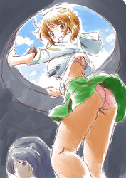 Rule 34 | 2girls, absurdres, ass, black eyes, black hair, black neckerchief, blouse, blue sky, bra, bra peek, closed mouth, clothes lift, cloud, cloudy sky, commentary request, crotch seam, day, from below, from side, girls und panzer, green skirt, highres, isuzu hana, lace, lace-trimmed panties, lace trim, long sleeves, looking at viewer, looking back, marker (medium), miniskirt, multiple girls, neckerchief, nishizumi miho, ooarai school uniform, panties, pink bra, pink panties, pleated skirt, sailor collar, school uniform, serafuku, shirt, shirt lift, sketch, skirt, skirt lift, sky, smile, standing, sumino yuuji, tank interior, traditional media, underwear, white sailor collar, white shirt, wind, wind lift
