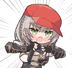 Rule 34 | 1girl, alternate headwear, armor, baseball cap, black gloves, blush stickers, braid, emphasis lines, fingerless gloves, gloves, green eyes, hat, highres, holding, holding microphone, hololive, kukie-nyan, medium hair, microphone, open mouth, rapping, shirogane noel, shirogane noel (1st costume), sidelocks, simple background, solo, teeth, upper body, upper teeth only, virtual youtuber, white background