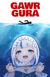 Rule 34 | 1girl, animal costume, blue eyes, blue hair, bubble, character name, commentary, english text, gawr gura, highres, hololive, hololive english, jaws (movie), looking at viewer, multicolored hair, nail polish, open mouth, parody, partially submerged, partially underwater shot, shadow, shark costume, sharp teeth, solo, stick figure, swimming, teeth, two-tone hair, underwater, virtual youtuber, wei yong