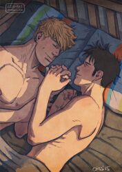 Rule 34 | 2boys, bad id, bad tumblr id, bara, black hair, blonde hair, couple, covering privates, cris art, holding hands, hulkling, interlocked fingers, long sideburns, lying, male focus, marvel, multiple boys, nipples, nude cover, on bed, on side, pectorals, pillow, shadow, short hair, sideburns, sunlight, thick eyebrows, toned, toned male, wiccan, yaoi
