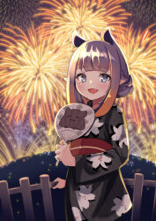 Rule 34 | 1girl, :3, :d, aerial fireworks, alternate costume, animal ears, black kimono, blue eyes, commentary, fang, fence, fireworks, floral print, hair up, hand fan, highres, hololive, hololive english, japanese clothes, kenjun, kimono, light blush, lily print, looking at viewer, mole, mole under eye, multicolored hair, ninomae ina&#039;nis, obi, open mouth, orange hair, paper fan, pointy ears, print kimono, purple hair, sash, smile, solo, takodachi (ninomae ina&#039;nis), virtual youtuber