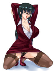 Rule 34 | 1girl, arms behind head, bra, breasts, brown eyes, cara the blood lord, cleavage, collared shirt, crotchless, crotchless pantyhose, formal, full body, glasses, green hair, highres, large breasts, lilith-soft, lingerie, long hair, miniskirt, panties, pantyhose, pantyshot, r-wade, semi-rimless eyewear, shirt, shoes, simple background, skirt, skirt suit, solo, squatting, suit, thighband pantyhose, uehara kitae, under-rim eyewear, underwear, white background, white shirt