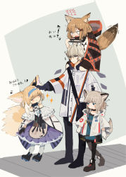 Rule 34 | 1boy, 3girls, :o, absurdres, animal ears, arknights, blonde hair, blue eyes, blush, carrying, commentary request, executor (arknights), closed eyes, fang, fox ears, fox girl, fox tail, gloves, grey background, grey eyes, grey hair, hairband, hand on another&#039;s head, height difference, highres, hood, multiple girls, multiple tails, notched ear, pantyhose, partially translated, red eyes, ryu (17569823), shoulder carry, skin fang, smile, standing, sussurro (arknights), suzuran (arknights), tail, translated, translation request, two-tone background, vermeil (arknights), white background, white gloves