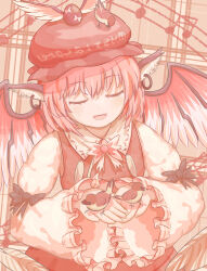 Rule 34 | 1girl, absurdres, animal, animal ear piercing, animal ears, animal on hand, animal on head, bird, bird ears, bird girl, bird on head, bird wings, brown headwear, character name, closed eyes, clothes writing, commentary request, frilled sleeves, frills, hat, highres, long sleeves, mob cap, musical note, mystia lorelei, on head, pink hair, ro.ro, short hair, touhou, upper body, winged hat, wings