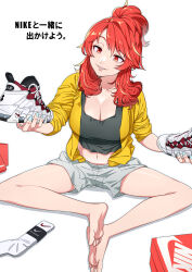 Rule 34 | 1girl, absurdres, aqua nails, bare legs, barefoot, breasts, butterfly sitting, character request, cleavage, dola (nijisanji), feet, grey shirt, highres, holding, holding shoes, jacket, knees apart feet together, large breasts, legs, long hair, nail polish, navel, nijisanji, nike (company), open clothes, open jacket, parted lips, red eyes, red hair, shirt, shoe box, shoes, shorts, sitting, sleeves rolled up, socks, soles, solo, toes, tonegawa ribu, unworn socks, virtual youtuber, white background, white shorts, white socks, yellow jacket