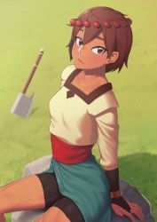 Rule 34 | 1girl, ajna (indivisible), aqua skirt, axe, beads, bike shorts, black shorts, bob cut, boulder, bracelet, bridal gauntlets, brown eyes, brown hair, closed mouth, commentary, cowboy shot, dark-skinned female, dark skin, expressionless, from above, hair between eyes, hair ornament, highres, indivisible, jewelry, looking at viewer, looking to the side, midriff, navel, putcher, red sash, sash, shirt, short hair, shorts, sitting, skirt, solo, weapon, white shirt