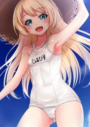 Rule 34 | 1girl, absurdres, alternate costume, armpits, blonde hair, blue eyes, breasts, collarbone, covered navel, cowboy shot, hat, highres, jervis (kancolle), kantai collection, long hair, makura (y makura), name tag, one-piece swimsuit, school swimsuit, small breasts, solo, straw hat, sun hat, swimsuit, white school swimsuit, white one-piece swimsuit