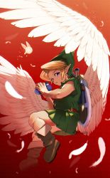 Rule 34 | 1boy, ao haruki, bare arms, belt, blonde hair, blue eyes, boots, brown footwear, falling feathers, feathers, full body, green headwear, green tunic, highres, holding, holding instrument, instrument, link, looking at viewer, male focus, navi, nintendo, parted lips, pointy ears, red background, shield, shield on back, short hair, sword, the legend of zelda, the legend of zelda: majora&#039;s mask, weapon, weapon on back, white wings, wings