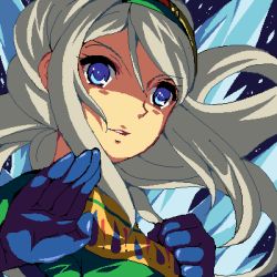 Rule 34 | 1girl, :o, avril vent fleur, blue eyes, blue gloves, enoo, floating hair, gloves, jaggy lines, long hair, looking at viewer, lowres, oekaki, open mouth, sidelocks, silver hair, solo, upper body, wild arms, wild arms 5